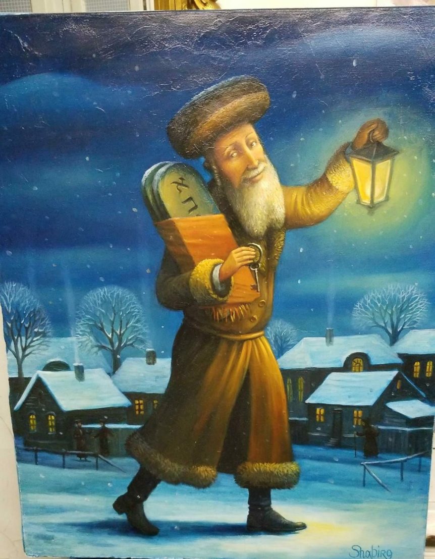 Jew with tablets and lantern painting in the winter shtetl jewish art manhattan