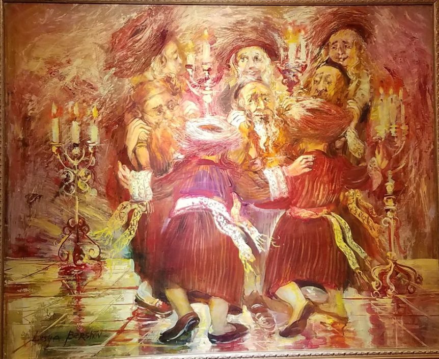 Judaica Artwork for Sale in New York "Dancing Rabbis" by Lesya Bershov, oil on canvas, 31x38