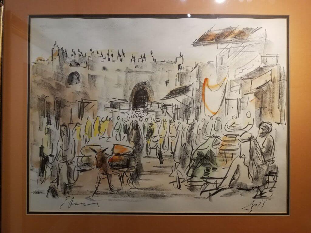 "Sabbath Jerusalem" by Itzak Holtz, oil on canvas framed, 5 3/4 x 11 3/4 jewish art manhattan